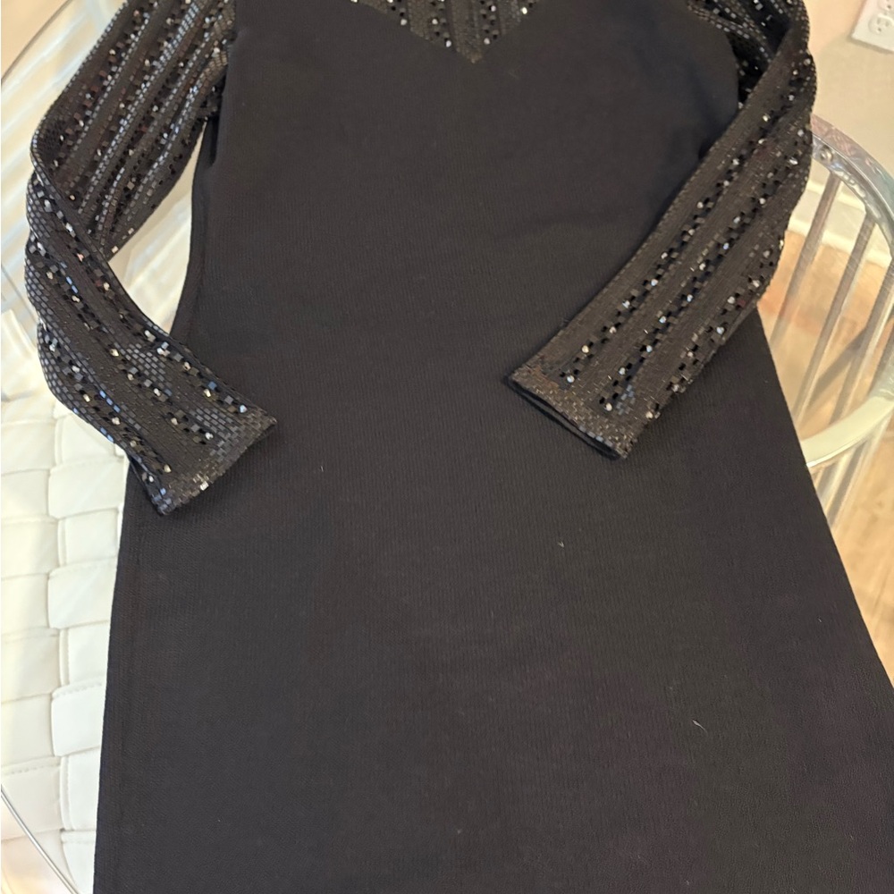 St. John Black Dress with Beaded Long Sleeves